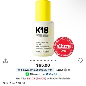 K18 Biomimetic Hairscience Molecular Repair Hair Oil - Yellow